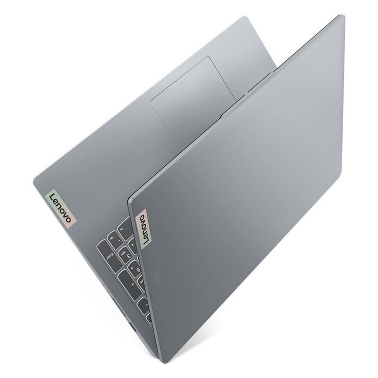 محصول نمونه تستی لپتاپ لنوو مدل IdeaPad Slim 3 15AMN8 با پردازنده Ryzen 3-7320U، رم LPDDR5 8GB با فرکانس 5500MHz، حافظه SSD با ظرفیت 512GB، نمایشگر 15.6 اینچ TN با وضوح Full HD